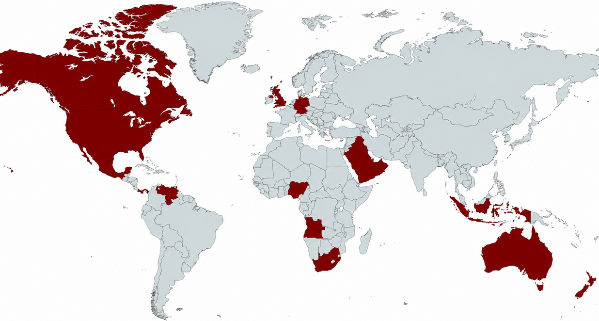 World map highlighting countries where APEX leadership has delivered projects